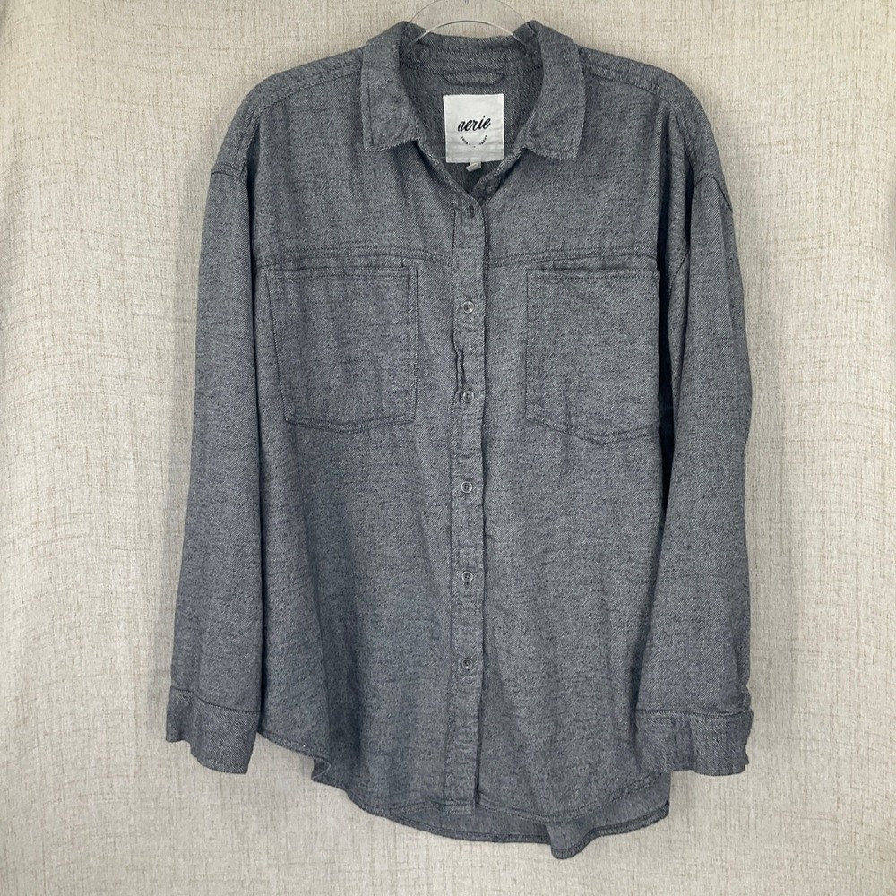 Aerie Womens Oversized Button Down Shirt Grey Cotton‎ Twill Long Sleeve Sz M